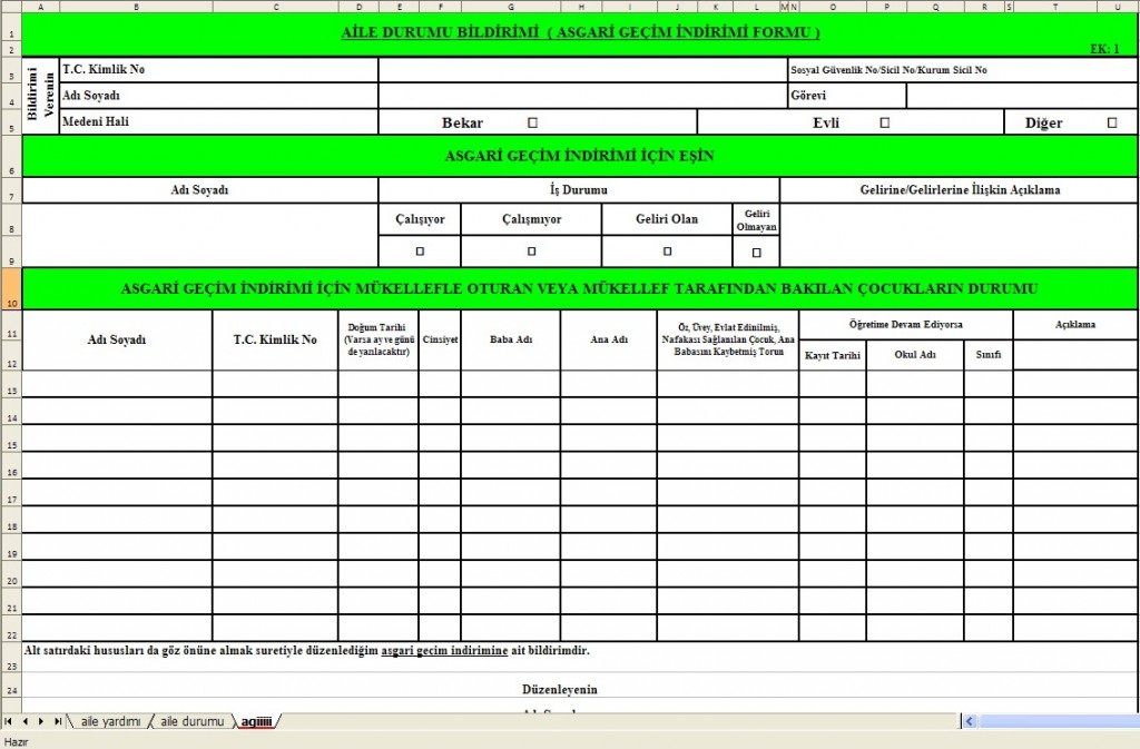 Asgari Geçim İndirimi Formu Excel Çalışması