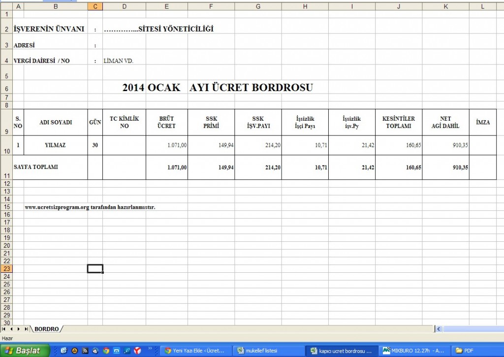 Kapıcı Ücret Bordrosu Excel Programı 