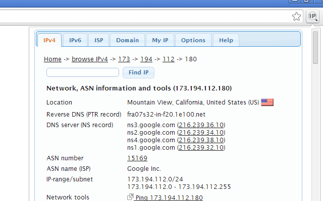 IP Address and Domain Information Chrome